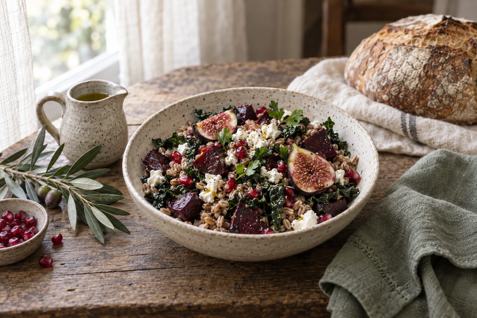 A bowl of farro with roasted beets, figs, kale, pomegranate, and goat cheese on a wooden table, with olive oil and bread nearby