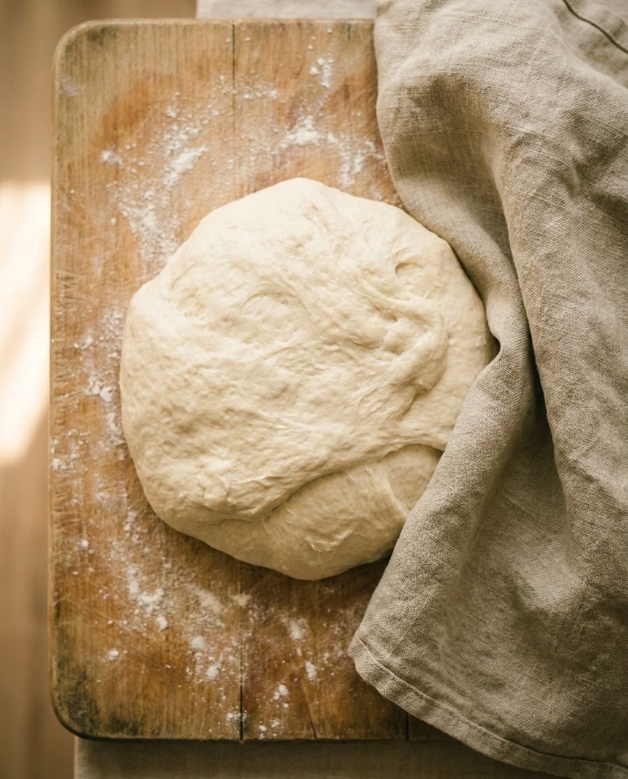 A round of soft bread dough resting on a floured wooden board under a linen towel