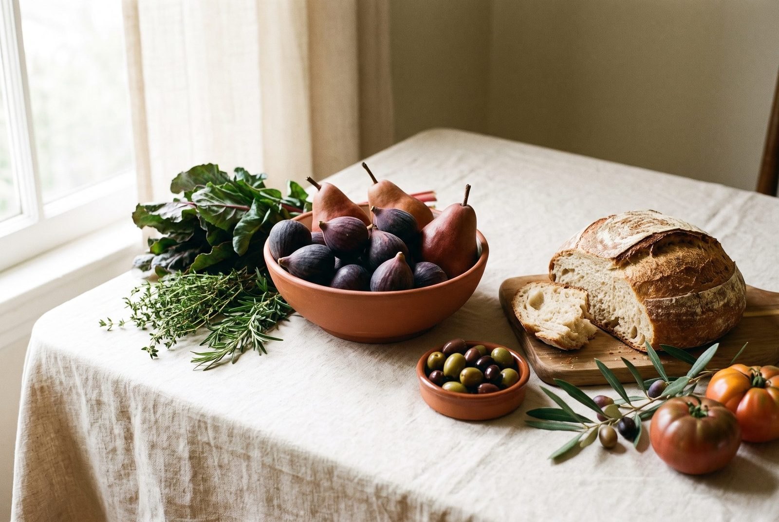 Figs, pears, olives, fresh herbs, and a loaf of bread on a linen-covered table by a window